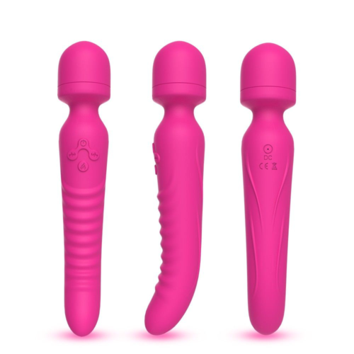 Ярко-розовый двусторонний wand-вибромассажер с рифленой ручкой - 22,5 см. - 1