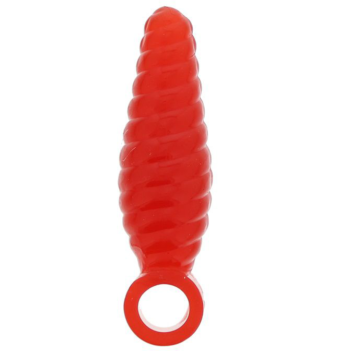 Красная анальная втулка со спиралью и ручкой-кольцом - 8 см.