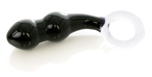 Чёрный анальный стимулятор из стекла с ручкой-кольцом - 11,5 см. - 0