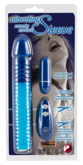 Синяя вибронасадка на пенис Vibrating Sleeve с пультом управления - 22,5 см. - 3