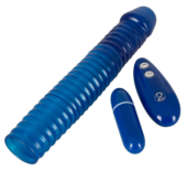 Синяя вибронасадка на пенис Vibrating Sleeve с пультом управления - 22,5 см. - 0
