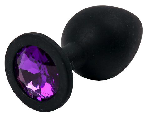 Черная силиконовая анальная пробка с фиолетовым стразом - 8,2 см. - 0