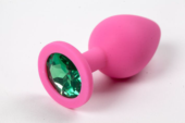Розовая силиконовая анальная пробка с зеленым стразом - 8,2 см. - 0