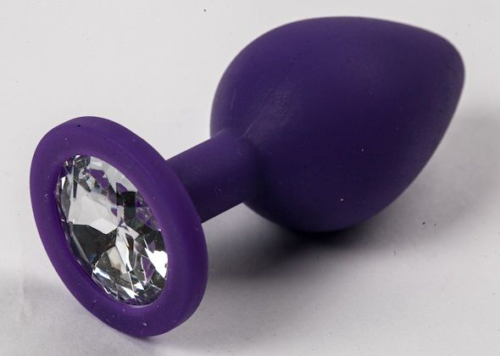 Фиолетовая силиконовая анальная пробка с прозрачным стразом - 8,2 см. - 0
