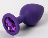 Фиолетовая силиконовая анальная пробка с фиолетовым стразом - 8,2 см. - 0