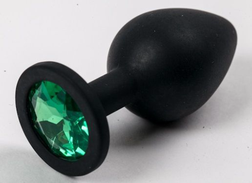 Черная силиконовая анальная пробка с зеленым стразом - 8,2 см. - 0