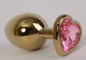 Золотистая анальная пробка с розовым стразиком-сердечком - 7,5 см. - 1