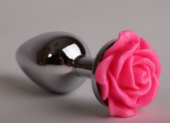 Серебристая анальная пробка с розовой розочкой - 9,5 см. - 0