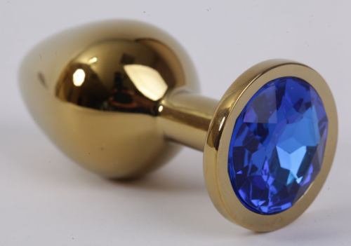 Золотистая анальная пробка с синим кристаллом - 8,2 см. - 0