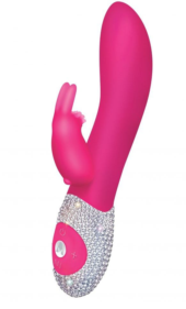 Ярко-розовый вибромассажёр с клиторальным отростком и отделанной стразами рукоятью The Classic Rabbit - 22 см. - 0