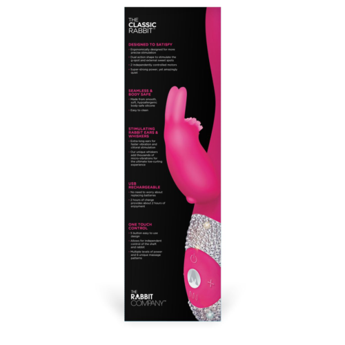 Ярко-розовый вибромассажёр с клиторальным отростком и отделанной стразами рукоятью The Classic Rabbit - 22 см. - 2