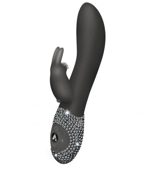 Чёрный вибромассажёр с клиторальным отростком и отделанной стразами рукоятью The Classic Rabbit - 22 см. - 0