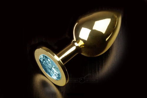 Большая золотая анальная пробка с закругленным кончиком и голубым кристаллом - 9 см.. - 0