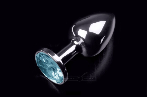 Маленькая серебристая анальная пробка с круглым кончиком и голубым кристаллом - 7 см. - 0