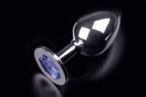 Большая серебристая анальная пробка с круглым кончиком и ярким синим кристаллом - 9 см. - 0