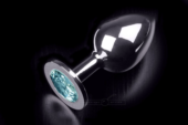 Большая серебристая анальная пробка с круглым кончиком и ярким голубым кристаллом - 9 см. - 0