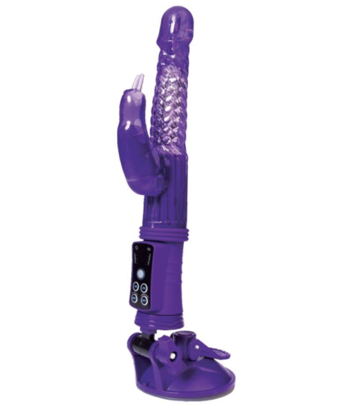 Фиолетовый вибратор с клиторальным стимулятором и крепкой присоской в основании - 1