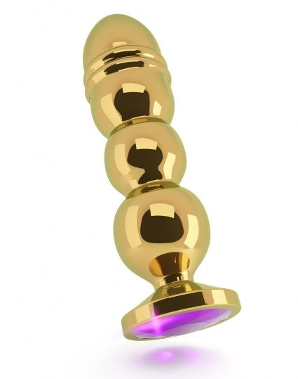 Золотистая фигурная анальная пробка R10 RICH Gold/Purple с фиолетовым кристаллом - 14,5 см. - 0