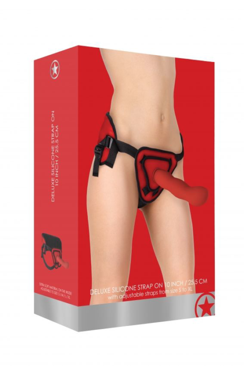 Красный страпон Deluxe Silicone Strap On 10 Inch с волнистой насадкой - 25,5 см. - 2