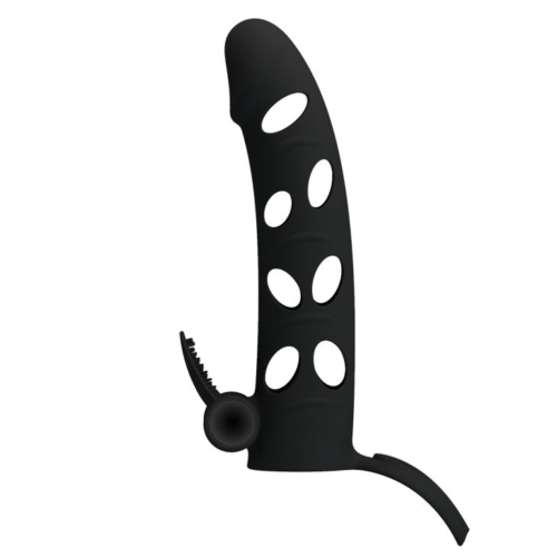 Чёрная закрытая насадка на пенис с вибрацией - 15,2 см. - 1
