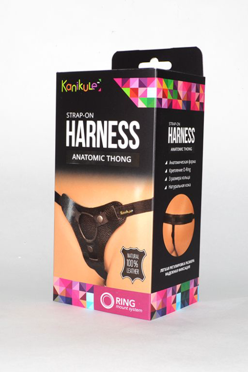 Чёрные трусики для фиксации насадок кольцом Kanikule Leather Strap-on Harness Anatomic Thong - 0