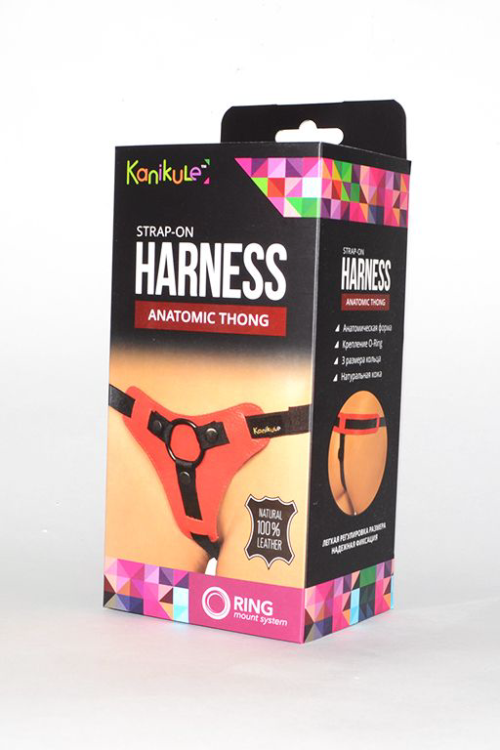 Красно-чёрные трусики для фиксации насадок кольцом Kanikule Leather Strap-on Harness Anatomic Thong - 0