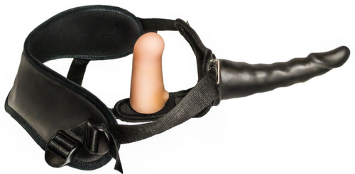 Женский страпон с чёрной насадкой и вагинальной пробкой - 17,5 см. - 1