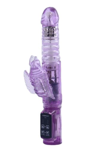 Фиолетовый вибратор с ротацией, функцией Up Down и клиторальной бабочкой - 23,5 см. - 0