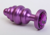 Фиолетовая ребристая анальная пробка с фиолетовым кристаллом - 7,3 см. - 0