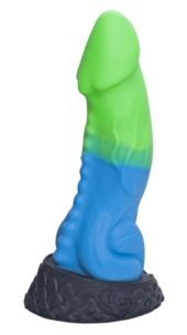 Голубой фаллоимитатор Ночная Фурия Medium с зелёным кончиком - 24,5 см. - 0