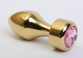 Золотистая анальная пробка с широким основанием и розовым кристаллом - 7,8 см. - 0