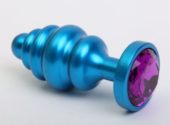 Синяя ребристая анальная пробка с фиолетовым кристаллом - 7,3 см. - 0