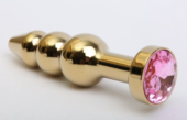 Золотистая анальная ёлочка с розовым кристаллом - 11,2 см. - 0