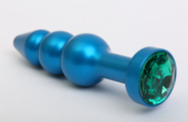 Синяя фигурная анальная пробка с зелёным кристаллом - 11,2 см. - 0