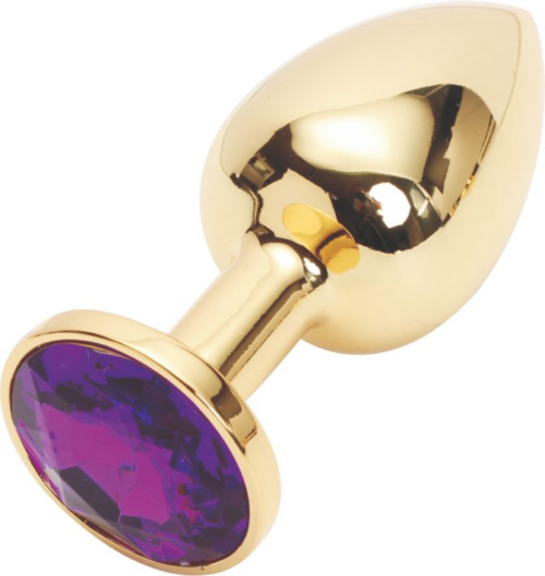 Золотистая анальная пробка с фиолетовым кристаллом размера M - 8 см. - 0