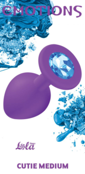 Средняя фиолетовая анальная пробка Emotions Cutie Medium с голубым кристаллом - 8,5 см. - 2