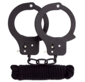 Чёрные наручники из листового металла в комплекте с веревкой BONDX METAL CUFFS LOVE ROPE SET - 0