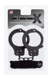 Чёрные наручники из листового металла в комплекте с веревкой BONDX METAL CUFFS LOVE ROPE SET - 1