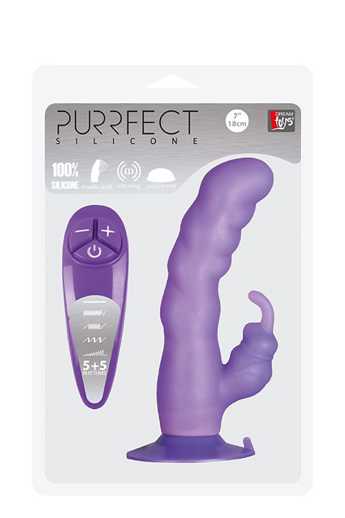 Фиолетовый вибратор с клиторальным отростком и присоской PURRFECT SILICONE SUCTION CUP DUO VIBE - 18 см. - 1