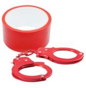 Набор для фиксации BONDX METAL CUFFS AND RIBBON: красные наручники из листового материала и липкая лента - 0