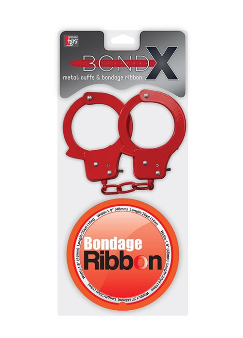 Набор для фиксации BONDX METAL CUFFS AND RIBBON: красные наручники из листового материала и липкая лента - 1
