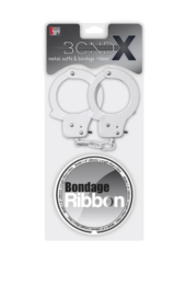Набор для фиксации BONDX METAL CUFFS AND RIBBON: белые наручники из листового материала и липкая лента - 1