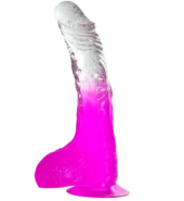Фиолетовый фаллоимитатор с мошонкой, присоской и прозрачным стволом - 20 см. - 0