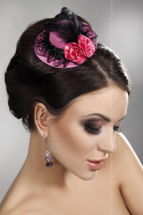 Розовая мини-шляпка с кружевом и цветами - 0