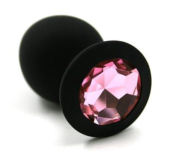 Чёрная силиконовая анальная пробка с светло-розовым кристаллом - 7 см. - 0