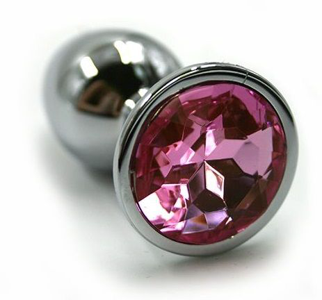 Серебристая алюминиевая анальная пробка с светло-розовым кристаллом - 7 см. - 0