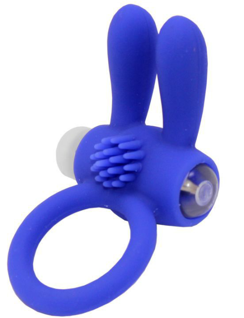 Синее эрекционное кольцо «Зайчик» с мини-вибратором - 0