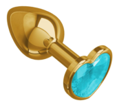 Золотистая анальная втулка с голубым кристаллом-сердцем - 7 см. - 0
