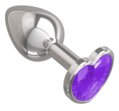 Серебристая анальная втулка с фиолетовым кристаллом-сердцем - 7 см. - 0