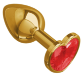 Золотистая анальная втулка с красным кристаллом-сердцем - 7 см. - 0